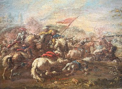 painting of a group of men on horses in a field with a flag