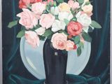 a painting of roses in a black vase on a table