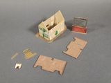 a small doll house with a window, a door, a window, and a door frame