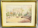a picture of a painting of a park with benches