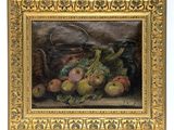 an oil painting of a basket of fruit and vegetables on a table