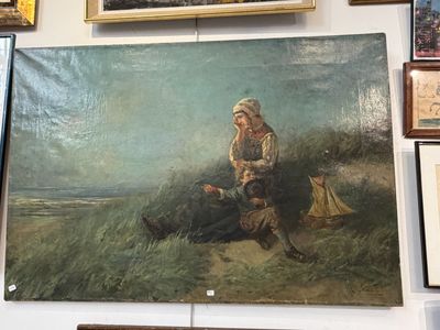 un tableau représentant une femme assise sur un banc devant un tableau