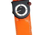 an orange leather watch strap with a black buckle and a white watch face