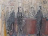 un tableau représentant un groupe de personnes assises dans un bar