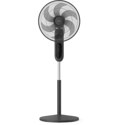 une image d'un ventilateur noir sur un support sur un fond blanc
