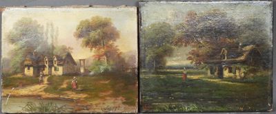 deux tableaux représentant une scène de village avec une rivière et une maison
