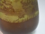 a wine glass with a picture of a river and trees on it
