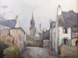 peinture d'une scène de rue avec un clocher d'église en arrière-plan