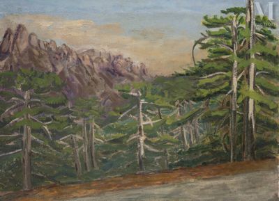 une peinture représentant un paysage de montagne avec des arbres au bord de la route