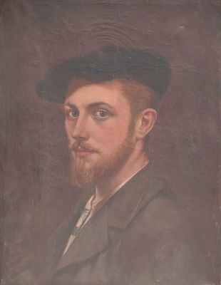 tableau représentant un homme portant un chapeau et une barbe, sur une toile blanche