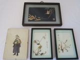 three framed pictures of birds and flowers on a white surface