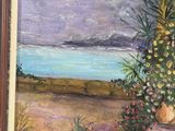a painting of a view of the ocean from a porch