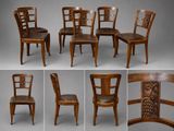 several photos of a set of four wooden chairs with carvings on them