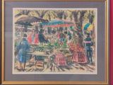 painting of a fruit and vegetable stand in a pink room