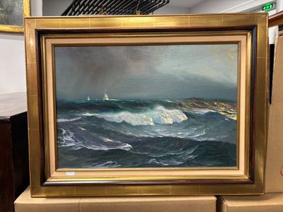 une photo d'un tableau représentant un bateau en mer