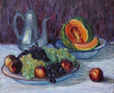 a painting of a plate of fruit and a pitcher on a table