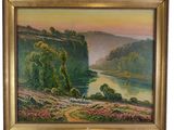 une peinture à l'huile représentant un paysage avec une rivière au premier plan