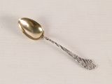 a silver spoon with a gold handle on a white surface
