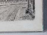drawing of a view of a city with a clock tower in the distance