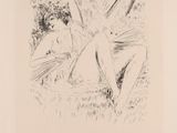 an image of a black and white drawing of two women in the grass