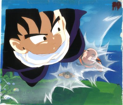 illustration animée représentant un jeune Gohan volant dans les airs, les yeux ouverts