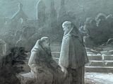 painting of a group of people sitting on a bench in a cemetery