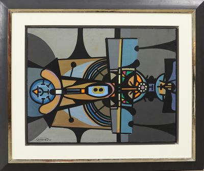 painting of a black frame with a painting of an abstract design on it