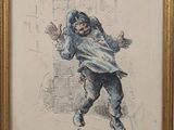 un vieux dessin représentant un homme vêtu d'un manteau bleu et d'un chapeau