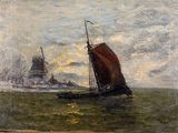 une peinture à l'huile représentant un bateau sur l'eau, avec un moulin à vent en arrière-plan