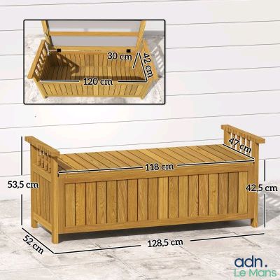 the measurements of a wooden bench with a seat and a basket on it