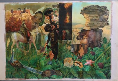 a painting of a man riding a horse in a field