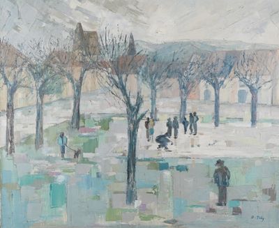 tableau représentant un groupe de personnes se promenant dans un parc sous la neige