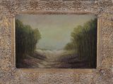 an oil painting of a landscape with trees in a gold frame