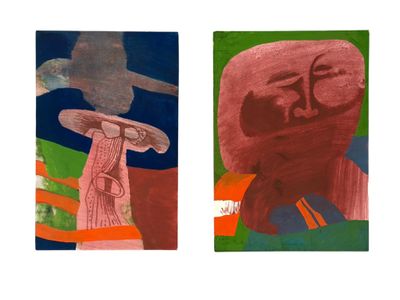 two paintings of a man with a hat and a woman with a bird