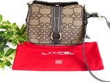 brown and black handbag with a red pouch and a plant