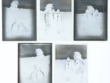 four black and white photographs of people in a field with trees