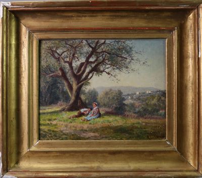 une peinture à l'huile représentant un couple assis sous un arbre dans un champ