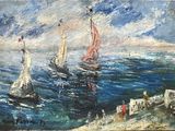 a painting of sailboats in the water on the beach