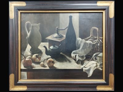 a painting of a still life with a pitcher and other objects