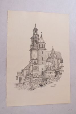 un dessin représentant un bâtiment surmonté d'une tour horloge