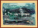 a painting of a boat in the water with a mountain in the background