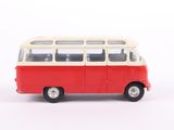a red and white toy bus on a white surface