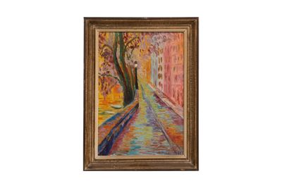 une peinture représentant une rue avec des arbres et des bâtiments en arrière-plan