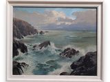 an oil painting of a rocky coast with a boat in the distance