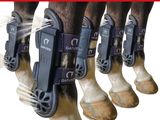 four pairs of boots that are attached to the legs of a horse