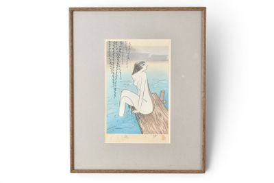 an image of a painting of a woman sitting on a dock