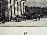 a drawing of a horse drawn carriage in front of a building