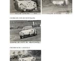 an old black and white photo of a car driving down a road