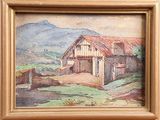 a picture of a painting of a barn in the country