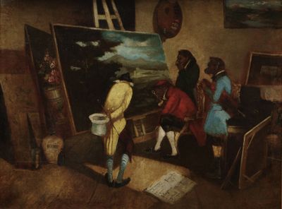 tableau représentant un groupe de personnes dans une pièce, avec un tableau posé sur un chevalet